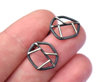 Sterling Silver Earrings, Oxidized Silver Studs, Fractured Earrings (Tiny), Post Earrings, Geometric Jewelry, Contemporary Jewelry