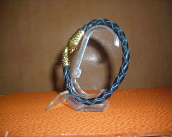 Gold tone hook clasp black braided leather bracelet