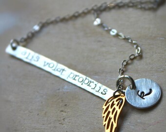 Sale. Sterling Silver and 14K Gold Wing. Alis Volat Propriis Necklace. She Flies With Her Own Wings. Latin Quote. Inspriational