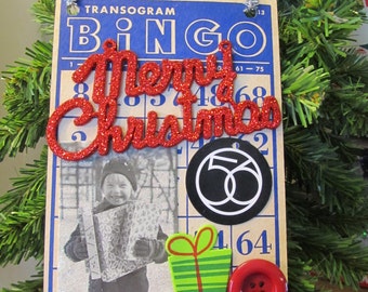 Vintage Christmas Girl Altered Bingo Card Holiday Decoration Ornament Accent Door Hanger Retro