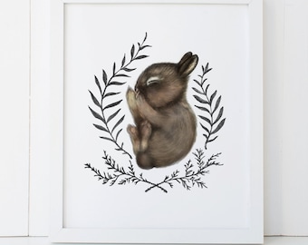 Sleeping Baby Bunny Print 8x10, Watercolor Woodland Nursery Print