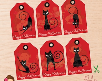 Halloween, Halloween tags, Halloween favor tags, kids halloween tags, Halloween party, Halloween black cat, Halloween treat tags, Black cat.