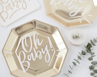 White & Gold Oh Baby Plates, Gold Baby Shower Plates, New Born Party, Baby Shower Tableware, Baby Shower Decorations, Gold Baby Shower
