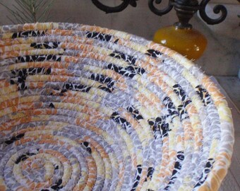 Yellow, Gray, Orange and Black Coiled Fabric Basket - LARGE - Organizer, Catchall, Handmade by Me