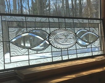 Large Stained glass panel Crystal Caprice all clear Transom bevel 34"