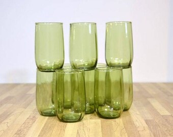Vintage Perfect Sized Ribbed Green Juice Glasses: Set of Ten 4 Ounce Glass