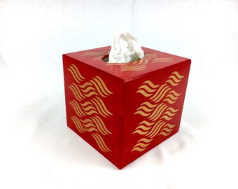 Tissue box cover, red and gold tissue holder, Kleenex box cover, home decor