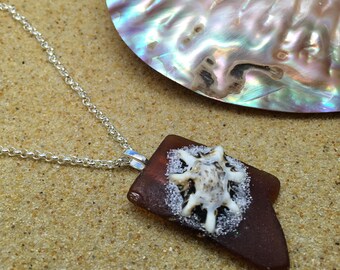 Unique sea glass necklace with shell. Beach glass pendant