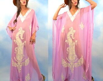 Vintage 60s 70s Sheer Lilac Silk Embroidered Caftan