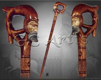 Fantasy KNIGHT bearded Man head face HAND CRAFTED walking stick cane staff wood carved handle and shaft handmade art
