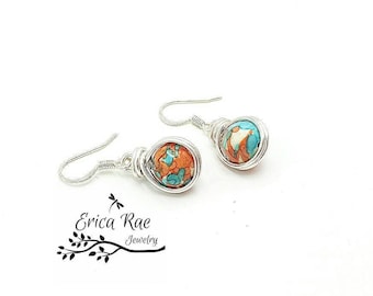 Jasper earrings, gemstone earrings, silver earrings, beaded earrings, hypoallergenic earrings, wire wrapped earrings, blue and orange jasper