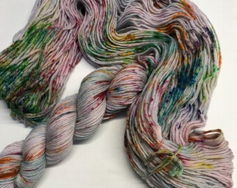 100g 100% Superwash Merino Double Knit Yarn, hand dyed, grey / lilac, multi speckles, "more is more"