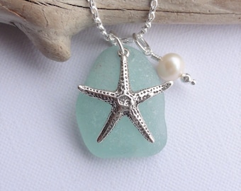 Sterling Silver STARFISH NECKLACE - Scottish Sea Glass Necklace *Silver or Leather Necklace* Seaglass from Scotland, AQUA Beach Glass Charm