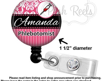 Phlebotomist Badge Holder - Personalized Phlebotomist Badge Reel, Stethoscope ID Tag, Carabiner or Lanyard - 1163