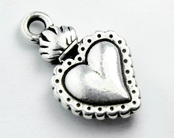 Silver Plated Sacred Heart Milagro Charm, 14x22mm, Set of 2 with Antique Finish, Made in USA, #TC133