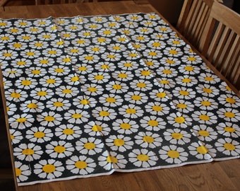 TAMPELLA Fabric Black Yellow white Tampella Curtain, Made in Finland Daisy flower fabric Finnish Retro Cotton Scandinavian Design 2 pieces