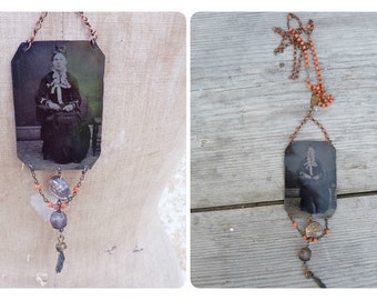 Attente Assemblage necklace with Victorian tintype photography & other Antique pieces