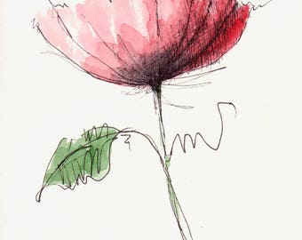 Original Watercolor Poppy Flower Water Color Hand Painted Art Painting Pen and Ink Red Poppy