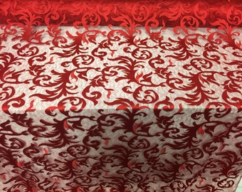 Dk-red flaming leaf design-embroider on a mesh lace fabric-wedding-bridal-prom-nightgown-sold by the yard-