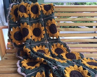 Handmade Granny Square Sunflower Afgan dorm room decor, cheerful bright gift for young and old, home decor, crochet blanket, throw blanket