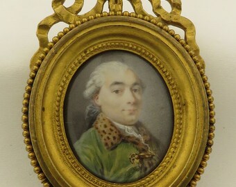 Antique French Miniature Finely Hand painted Mounted in Gilt Bronze Frame w/ Beaded Edge & Bow Knot Ribbon on Crest.