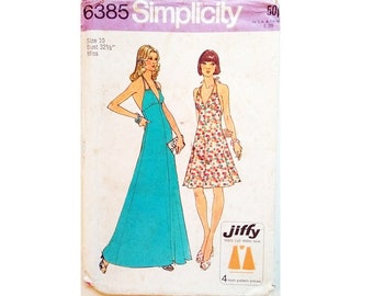 Vintage 70's Simplicity 6385 Jiffy Backless Halter Neck Mid and Maxi Length Summer Sun Dress Sewing Pattern Size Bust 32.5" UK 10