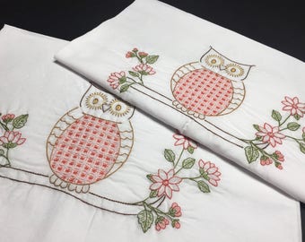 Hoot owls hand embroidered border pillowcase pair, standard size, cotton and polyester blend, white cases