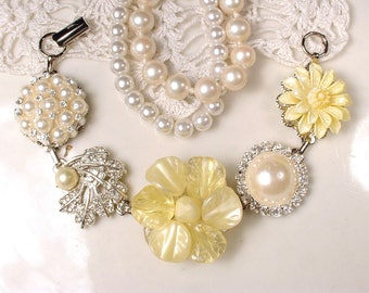 Yellow Pearl & Crystal Rhinestone Silver Bridal or Bridesmaids Bracelet, OOAK Vintage Cluster Earring Bracelet Wedding Gift Charm Button