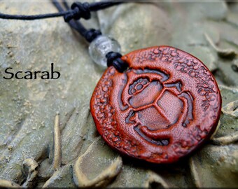 Leather Scarab Necklace, Transformation Amulet Medallion - Genuine Leather Egyptian Jewelry