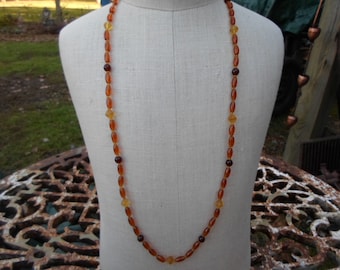 Vintage Yellow/Brown/Amber/Rootbeer Colored Long Glass Necklace 1970s to 1990s Silver Tone Hook Clasp