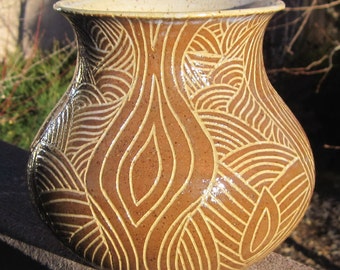 Vase with beautiful hand carved design - Please visit shop for more handmade pottery