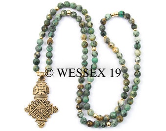 African Turquoise Necklace | Ethiopian Cross Necklace | Boho Necklace | African Necklace | Coptic Cross Necklace | Long Beaded Necklace