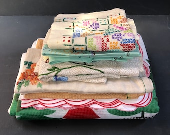 Collection of Vintage Hand Embroidered Table Linens Tablecloth, Linen Napkins, Placemats, Coasters