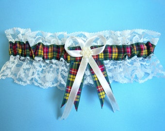 Buchanan tartan wedding bridal garter, ivory or white lace.