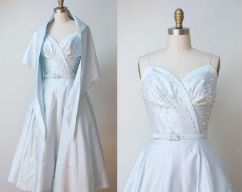 1950s dress / 50s Pale Blue Polished Cotton Sundress & Shawl