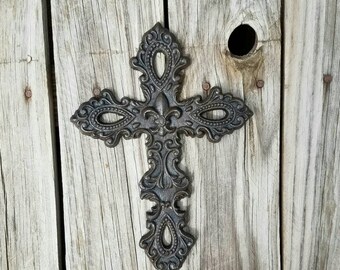 Cross, wall cross, metal cross, iron cross, fleur-de-lis, ornate cross, shabby chic cross, rustic cross, iron anniversary, cross wall decor