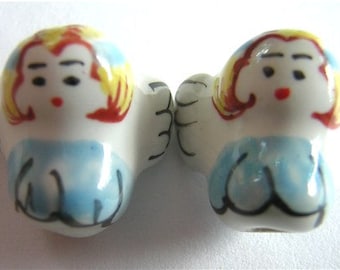New Pair HANDPAINTED PORCELAIN ANGEL Beads 15x15mm