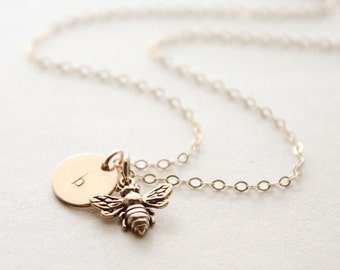 Honey Bee necklace / Silver Honeybee Necklace / Personalized Tiny Initial Necklace / Gold Bee Necklace / BumbleBee Necklace