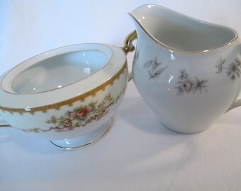 Vintage Mismatched China Sugar Bowl & Creamer Set