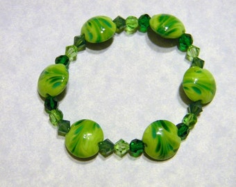 Shades of Spring Green Art Glass Lampwork and Crystal Bracelet