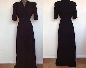 1940's Old Hollywood Black Rayon Crepe & Lace Evening Gown Dress L