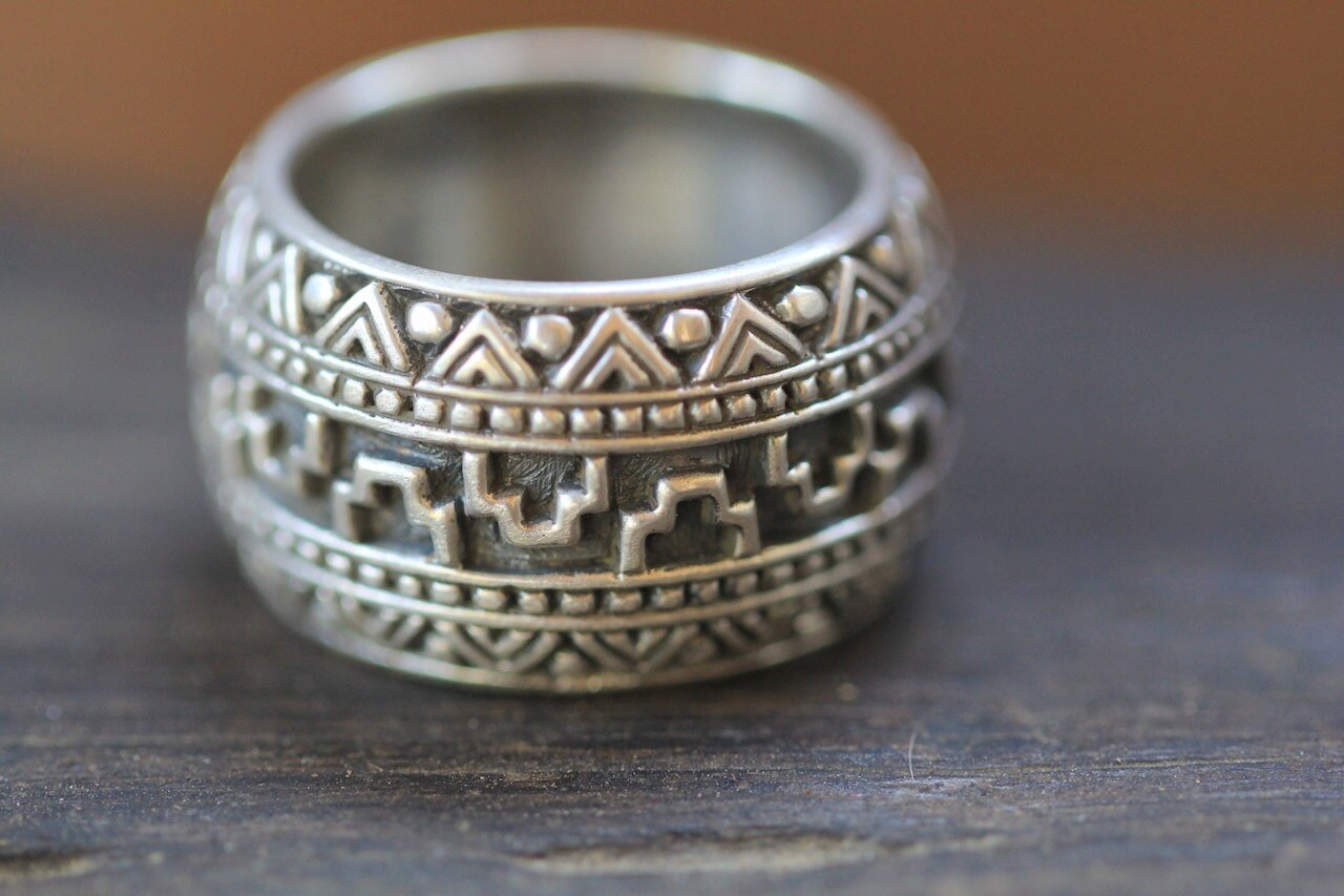 Mens Sterling Silver Ring Band Aztec Style Hand made