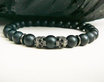 Men's Skull Bracelet, Men's Bracelet, Men's Beaded Bracelet, Bracelet For Men, Skull Jewelry, Matte Black Onyx, Men's Jewelry, Oxidized