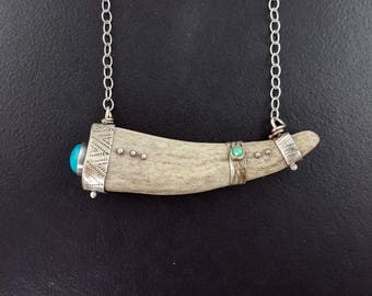 Antler Necklace, turquoise necklace, talisman necklace, naturally shed deer antler, antler jewelry, michele grady, antler amulet, boho