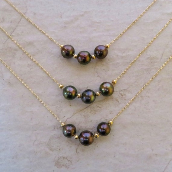 Triple Tahitian Pearl Necklace Gold Chain Beads Floating name necklace length diagram 
