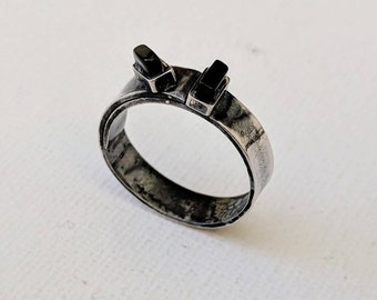 Jet Stone, Oxidised sterling silver ring