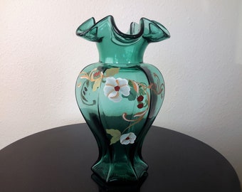 Fenton Glass Vase Emerald Green Hand Decorated Artist T. Twyman Crimped Rim Hexagon Shape 9 1/2" Tall
