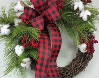 Farmhouse Christmas wreath, Fixer Upper Christmas wreath, Cotton Christmas wreath, Rustic Christms wreath, Pine wreath, Winter wreath