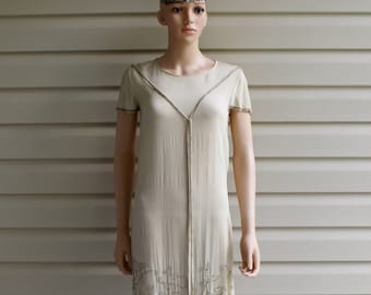 1920s FLAPPER Silk Dress, Vintage Beaded 20s Dress, Crepe Cream Color Beaded Tassels Sz SMALL or SIZE 4