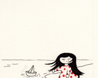 R & N_10 Series. Print Red, black, girl, boat, moles, red, Nero, boat, girl, polka dots, cute, mane, wind, mane, wind, agua, water